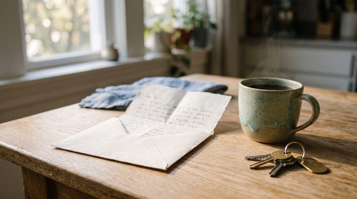 A letter on a kitchen table with coffee and house keys